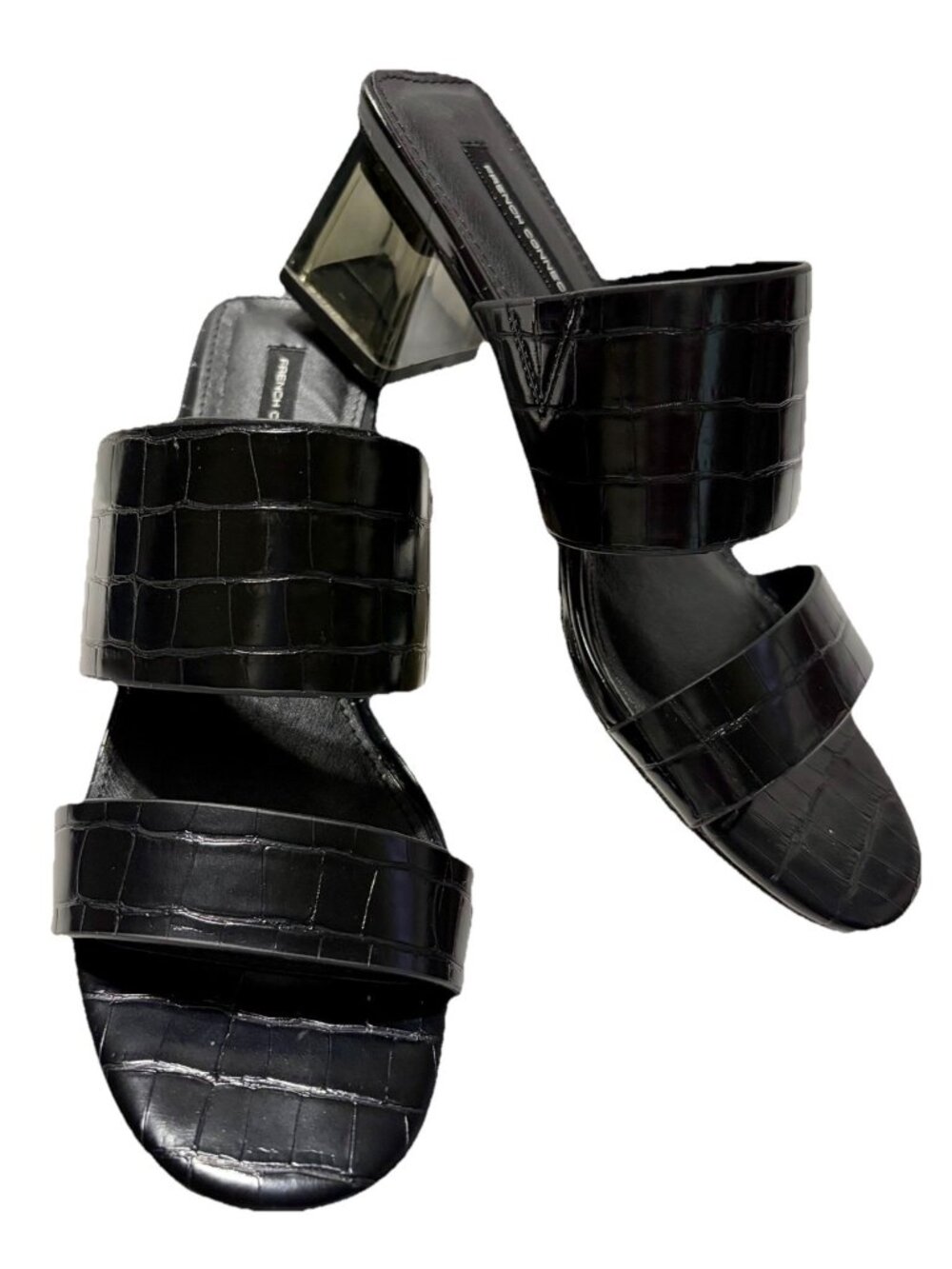 French Connection Slide-On Clear Block Heel Black Sandals Women's Size 8